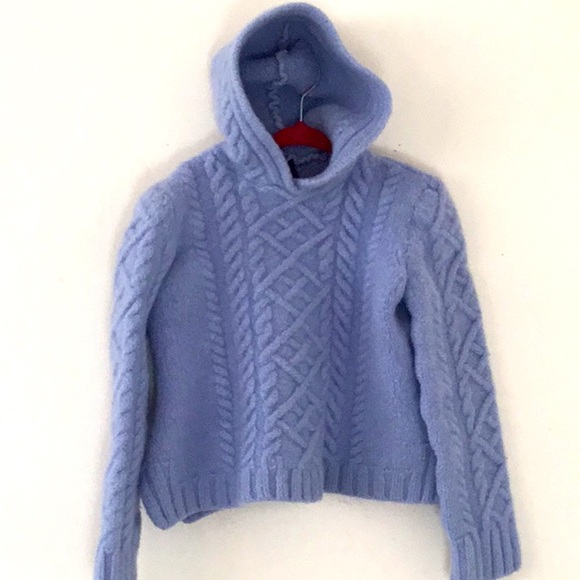 Paul James Kid’s Blue Hooded Cable Knit Chunky 100% Wool Sweater Made in England - Picture 7 of 7